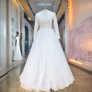 High Neck Tulle A-Line Wedding Dress Zipper Back Vintage Bridal Gown