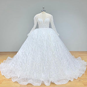 Classic Long Sleeve Lace Wedding Dress Backless Beaded Luxury Bridal Gown