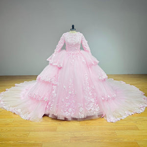 Pink Long Sleeve Wedding Dress with Detachable Train 3D Flowers