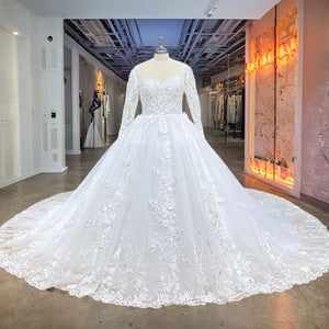 Hire Lnyer Long Sleeve Beaded Ball Gown Wedding Dress with Train