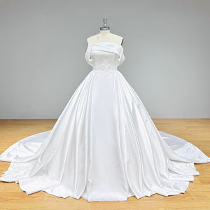 Off the Shoulder High Quality Satin Wedding Dress with Pearls and Appliques