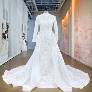 Long Sleeve Mermaid Wedding Dress with Detachable Train Pearls Appliques Luxury