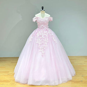 Sweetheart Pink Quinceanera Dress with Pearls Crystals Flowers and Lace-Up Back