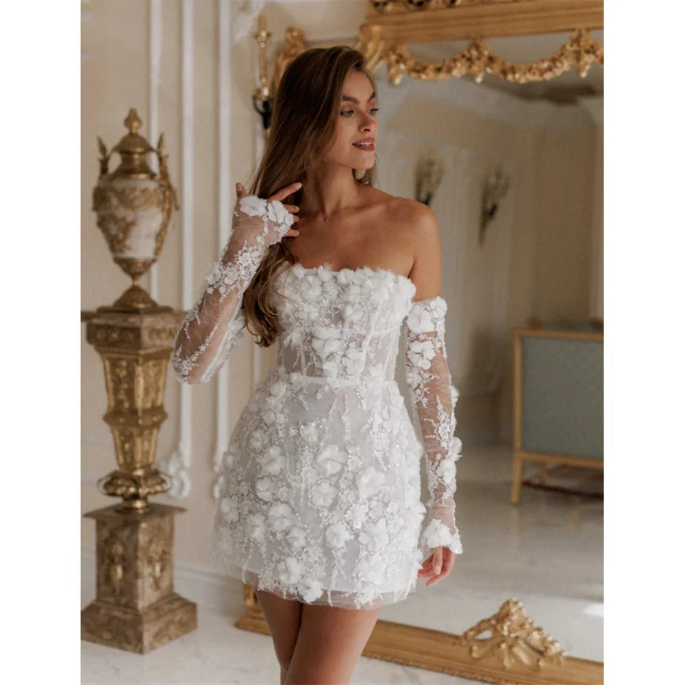 Flower Lace Appliques Prom Dresses Off Shoulder Mini Evening Dress Detachable Sleeves