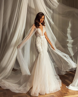 Deep V-Neck Backless Mermaid Wedding Dress with Beading and Detachable Shawl