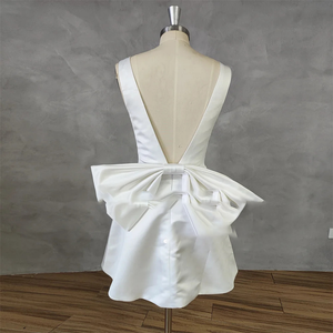 DREAM Sleeveless Satin Short Wedding Dress Big Bow V Neck Backless A-Line Bridal Gown