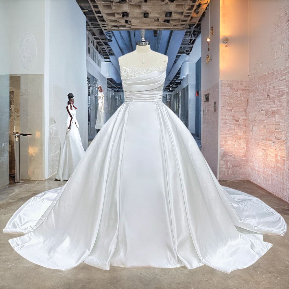 Light Effect Satin Off-Shoulder Ball Gown Wedding Dress with Pearls and Pleated Bodice