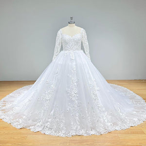 Hire Lnyer Long Sleeve Beaded Ball Gown Wedding Dress with Train