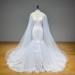 Newest Tulle Mermaid Wedding Dress with Shawl and Sweetheart Neck Luxury Appliques