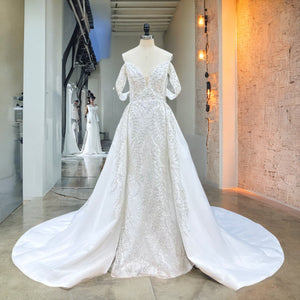 Beaded Lace Mermaid Wedding Dress with Detachable Train Off the Shoulder