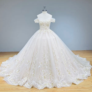 Off the Shoulder Princess Wedding Dress with Beading Appliques Lace Up Back