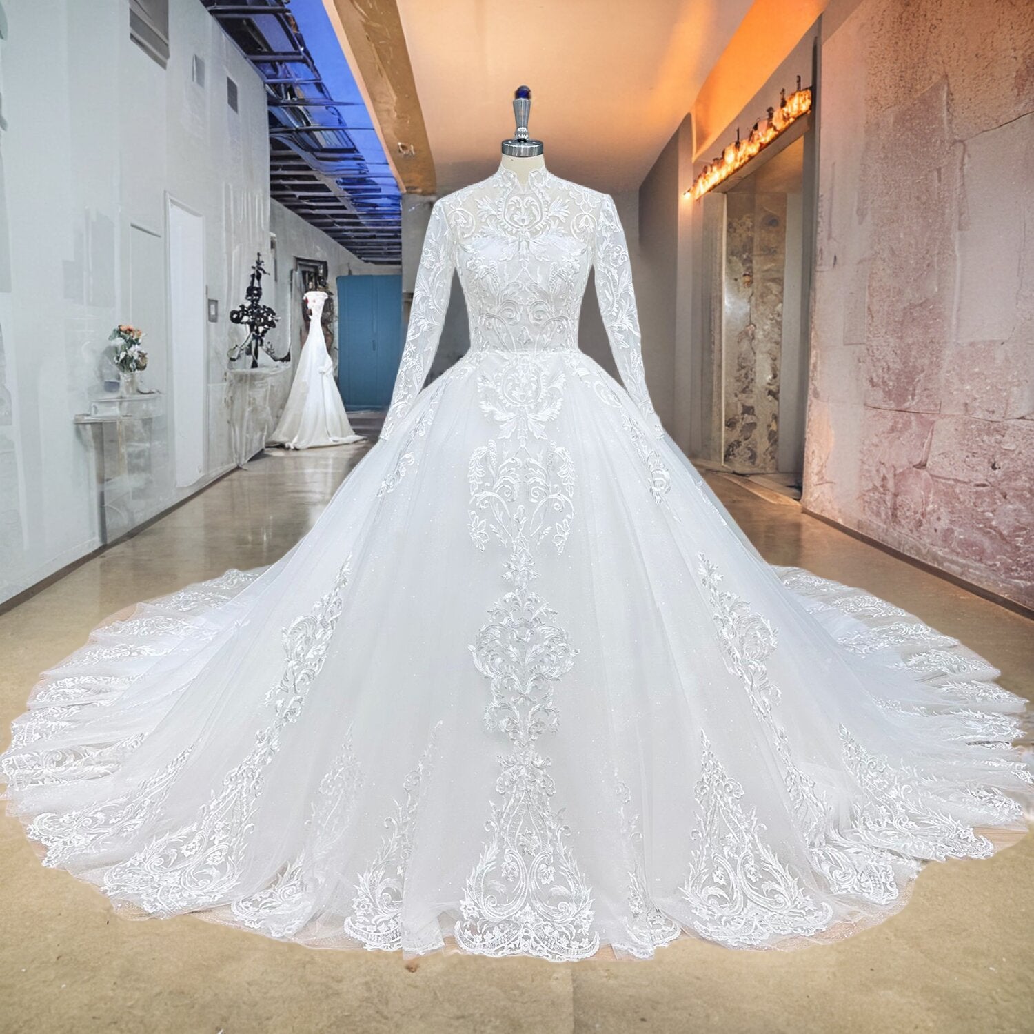 High Neck Long Sleeve Wedding Dress with Buttons Zipper Back Bridal Gown