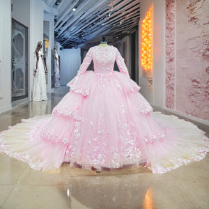 Pink Long Sleeve Wedding Dress with Detachable Train 3D Flowers