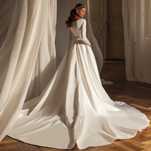 Long Sleeve Satin Wedding Dress with Crystal Pearls Belt and Slit Skirt