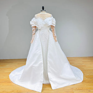 Long Sleeve Mermaid Wedding Dress with Detachable Train and Beading Appliques