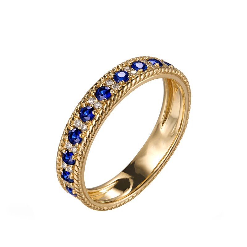 14K Yellow Gold 0.09ct Pave H SI Natural Diamond & 0.47ct Sapphires Engagement Wedding Band