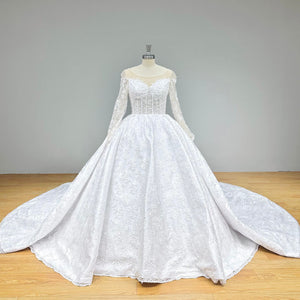 Long Sleeve Ball Gown Wedding Dress with Chapel Train and See-Through Top