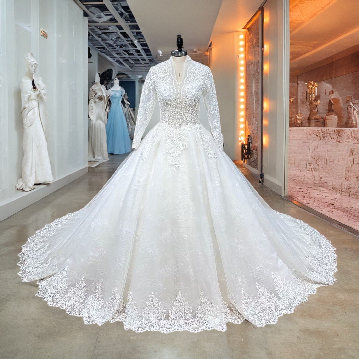 Newest Long Sleeve V-Neck Luxury Wedding Dress with Pearls and Lace-Up Back