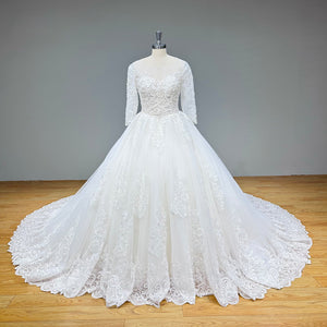 Half Sleeve Ball Gown Wedding Dress with Pearls Appliques and Corset Back