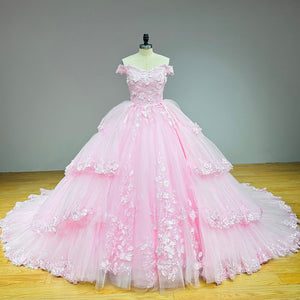 3D Flowers Princess Ball Gown Wedding Dress with Detachable Train Off the Shoulder