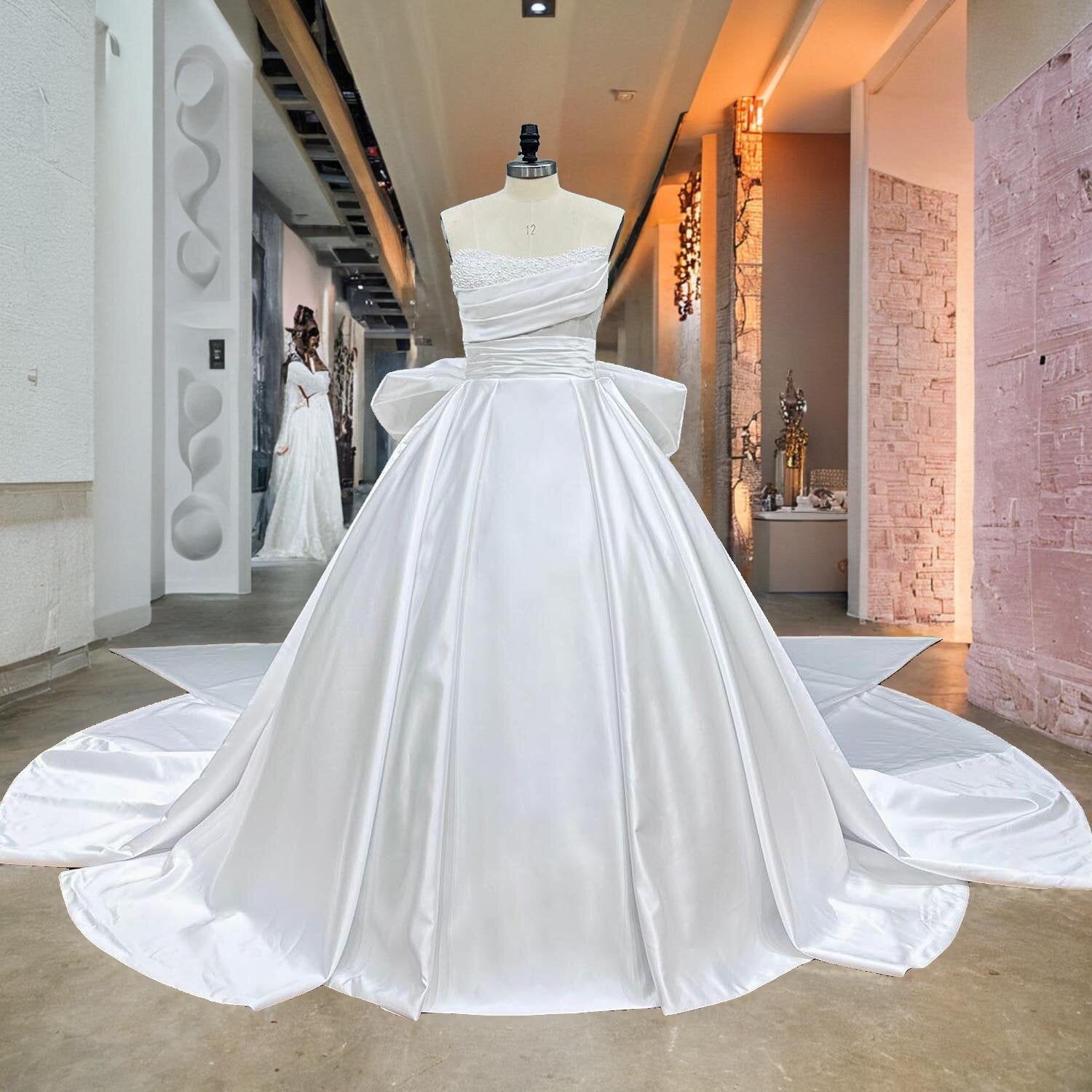 Light Effect Satin Ball Gown with Big Bow Chapel Train Pearls and Pleated Top