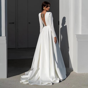 Classic A-Line Wedding Dress with Long Sleeves, Satin Belt, and Illusion Back