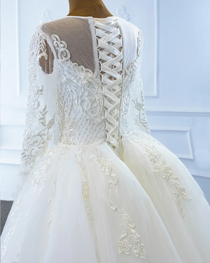 Luxury Long Sleeve Mermaid Wedding Dress with Detachable Train Lace Up Back