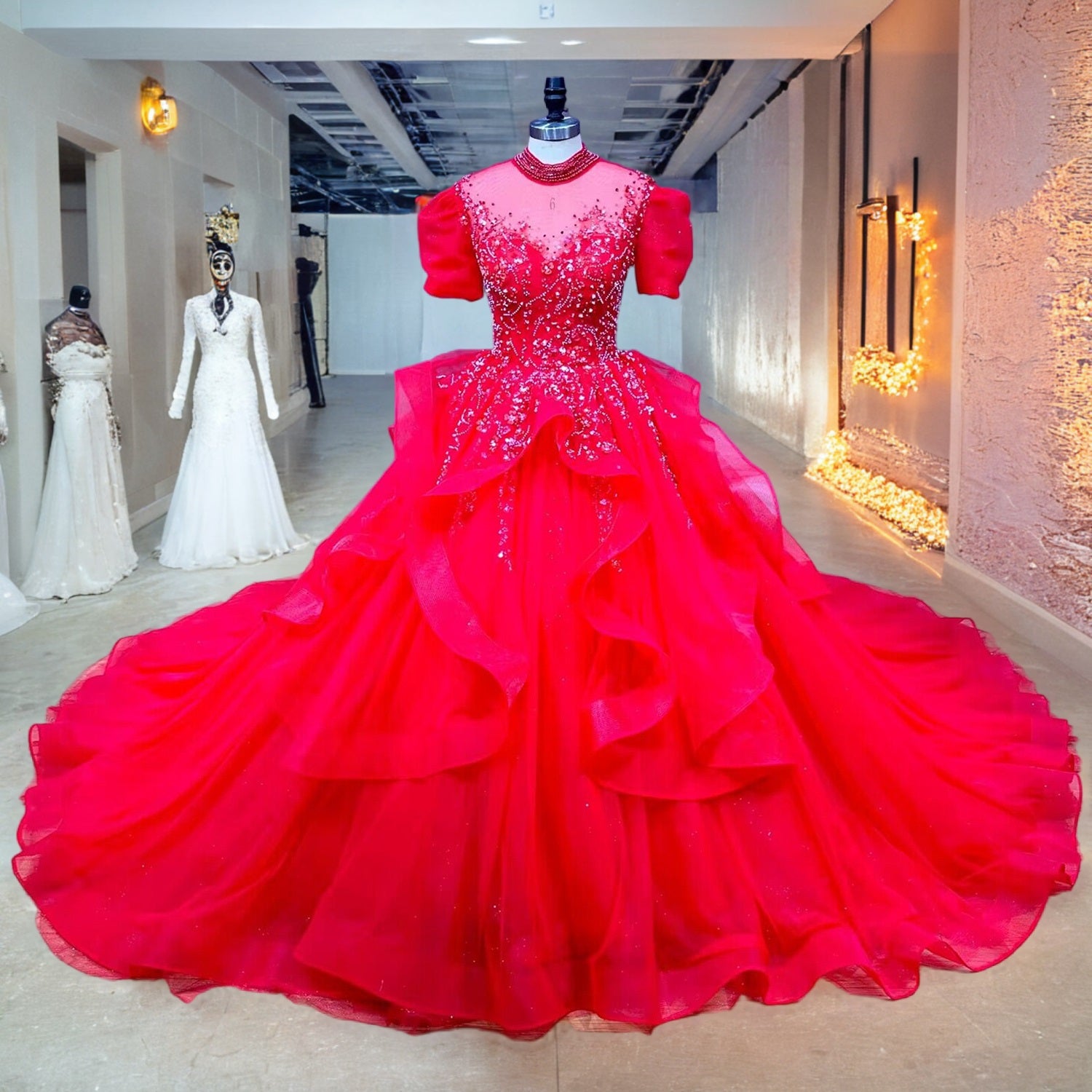 New Arrival Sequined Ball Gown Wedding Dress with Short Sleeves, High Neck, and 3D Flowers