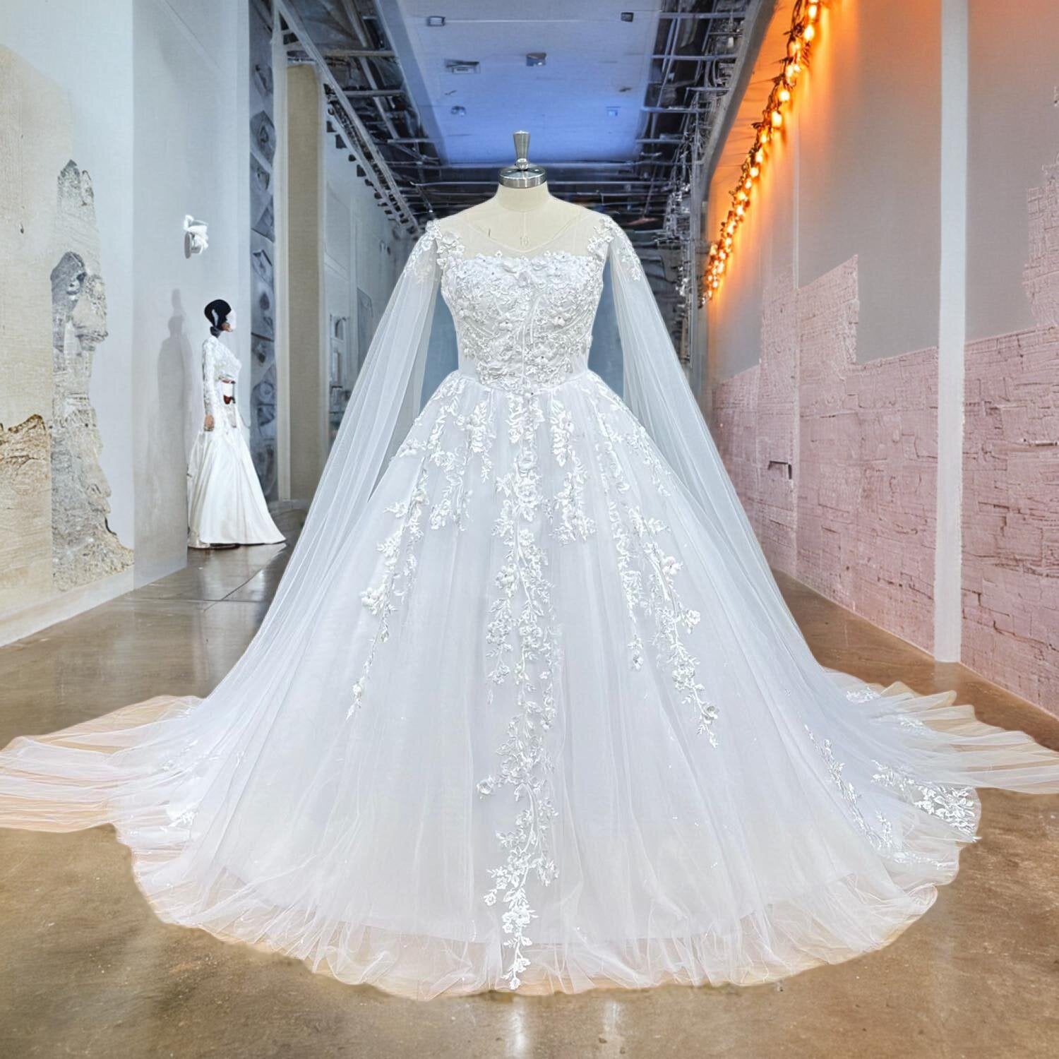 Elegant Backless Ball Gown Wedding Dress with Long Shawl Sleeves and Vintage