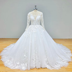 Gorgeous Long Sleeve Sequined Beaded Ball Gown Wedding Dress Luxury Bridal Gown