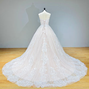 Vintage Off Shoulder Sequined Appliques Lace Up Back Wedding Dress