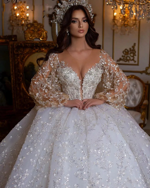 Luxury Long Sleeve Beaded Lace-Up Ball Gown Wedding Dress with Sequins and Flowers