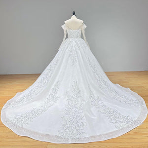 Off Shoulder Ball Gown Wedding Dress with Beading Pearls Long Sleeve Shiny Gelinlik