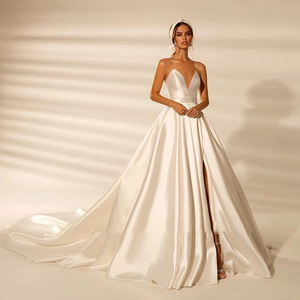 Off Shoulder Slit Satin Wedding Dress Classic Zipper Back Bridal Gown