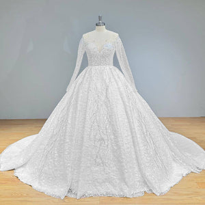 Crystal Beaded Shining Ball Gown Wedding Dress with Long Sleeves and Illusion Back