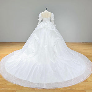 Hire Lnyer High Neck Puff Sleeve Beaded Lace Ball Gown Wedding Dress