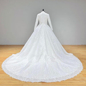 Hire Lnyer High Neck Beaded Long Sleeve Princess Ball Gown Wedding Dress