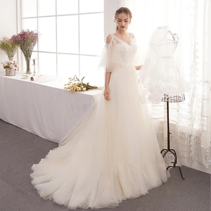 Elegant A-Line Off-Shoulder Wedding Dress with V-Neck and Lace-Up Back