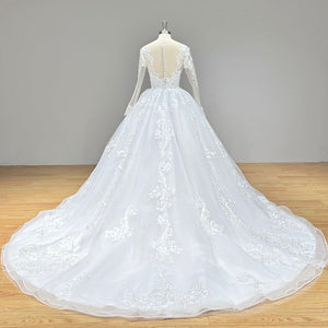 Elegant O-Neck Ball Gown Wedding Dress Long Sleeves Illusion Back Luxury Bridal Gown