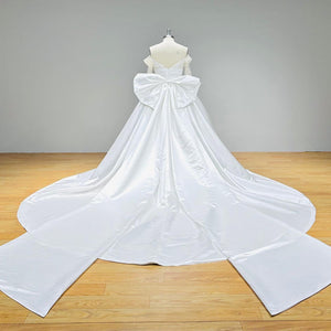 Light Effect Satin Wedding Dress with Chapel Train and Detachable Big Bow