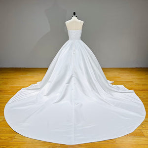 Off the Shoulder Satin Ball Gown Wedding Dress with Lace Up Beading and Pearls