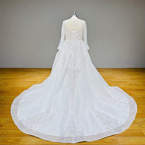 Long Sleeve Ball Gown Wedding Dress with Sequins Beading Lace and Corset Back