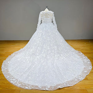 3D Flowers Ball Gown Wedding Dress with Long Sleeves Satin Belt and Vintage Detail