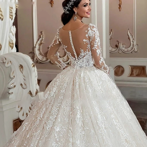 Lace Chapel Train Ball Gown Wedding Dress with Beaded Long Sleeves