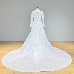 Long Sleeve Mermaid Wedding Dress with Detachable Train Pearls Appliques Luxury