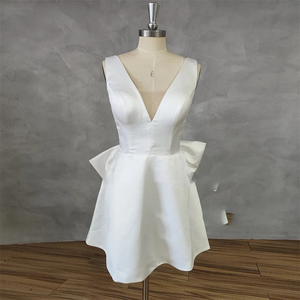 DREAM Sleeveless Satin Short Wedding Dress Big Bow V Neck Backless A-Line Bridal Gown