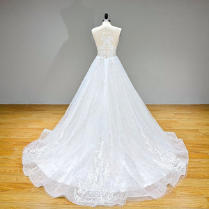 Off the Shoulder A-Line Wedding Dress with Pearls and Illusion Back