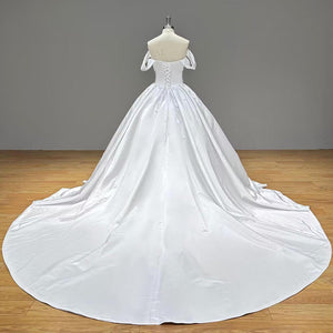 Off the Shoulder Satin Ball Gown Wedding Dress with Pleated Lace Up Back