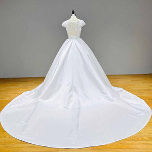 High Quality Satin Ball Gown Wedding Dress Cap Sleeves Illusion Back Bridal Gown