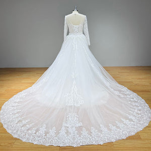 Long Sleeve Mermaid Wedding Dress with Detachable Train and Cut-out Back